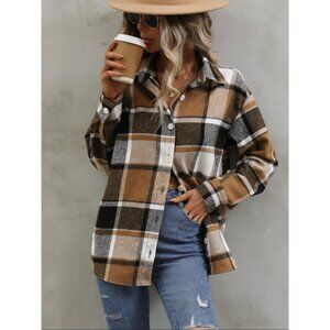 2/$40 Brown Plaid Button-Up Flannel Shirt Jacket Shacket Fall Layering Top